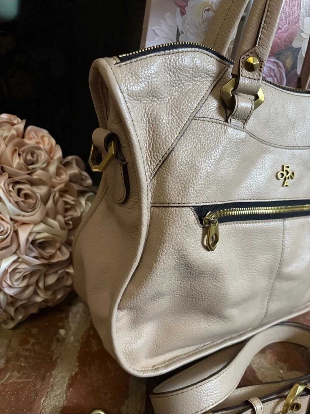 orYANY Cream Leather Shoulder Bag with Gold Hardware